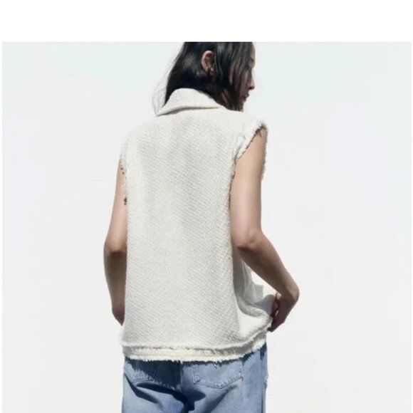 ZARA Structured Tweed Ivory Cream Frayed Button Vest XS - Picture 5 of 15